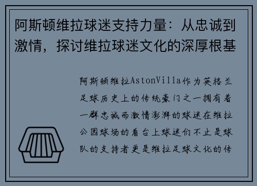 阿斯顿维拉球迷支持力量：从忠诚到激情，探讨维拉球迷文化的深厚根基