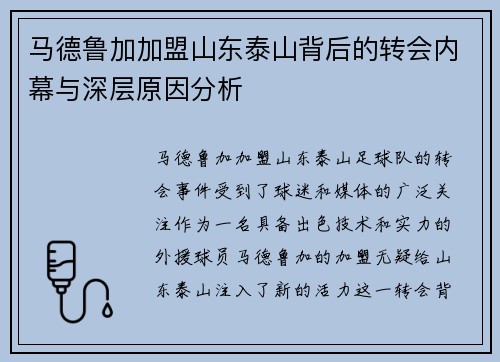 马德鲁加加盟山东泰山背后的转会内幕与深层原因分析