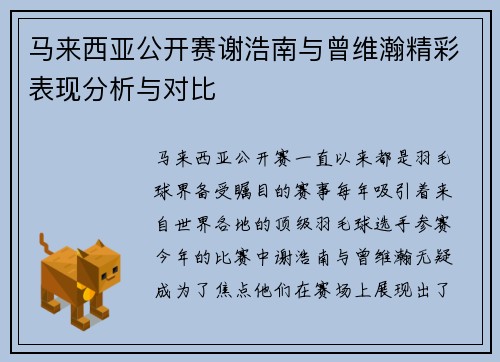 马来西亚公开赛谢浩南与曾维瀚精彩表现分析与对比