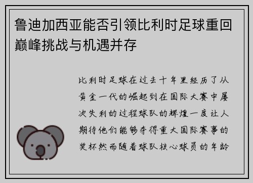 鲁迪加西亚能否引领比利时足球重回巅峰挑战与机遇并存