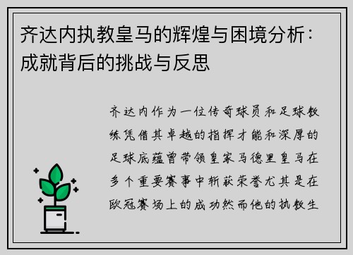 齐达内执教皇马的辉煌与困境分析:成就背后的挑战与反思 齐达内执教皇马的辉煌与困境分析:成就背后的挑战与反思